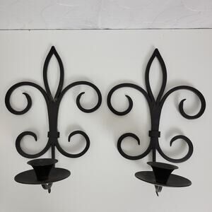 Wrought Iron Fleur de LIS Candle Holder Black Metal Wall Hanging Home Decor 2pcs